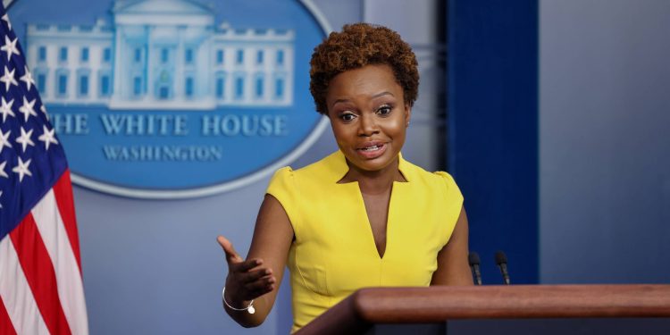 Principal deputy press secretary Karine Jean-Pierre, the first Black woman to speak for the White House in three decades, holds a press briefing at the White House, in Washington, U.S., May 26, 2021. REUTERS/Evelyn Hockstein