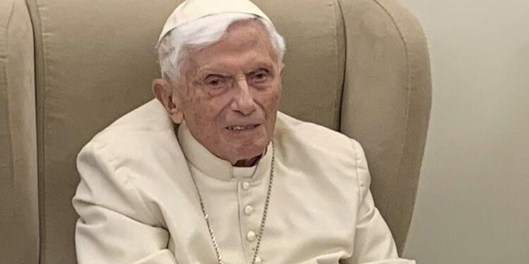 Retired Pope Benedict XVI, 94, is pictured during a group photo with recipients of the Ratzinger Prize at the Vatican Nov. 13, 2021. German publishing company Verlag Herder has paid tribute to the retired pope as its most loyal and oldest living author. In 1956 the then-29-year-old theologian signed this contract to work on the "Lexikon für Theologie und Kirche" ("Encyclopedia for Theology and the Church"). (CNS photo/courtesy Joseph Ratzinger-Benedict XVI Foundation)