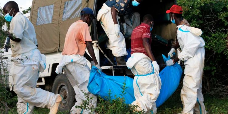 Bodies exhumed from Shakahola Forest are loaded into a police van on May 12, 2023. PHOTO | KEVIN ODIT | NMG