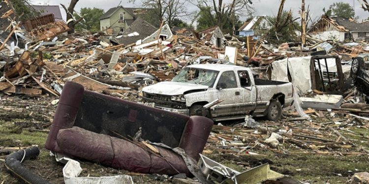 Damage is seen after a tornado moved through Greenfield, Iowa, Tuesday, May 21, 2024. (AP Photo/Hannah Fingerhut)
