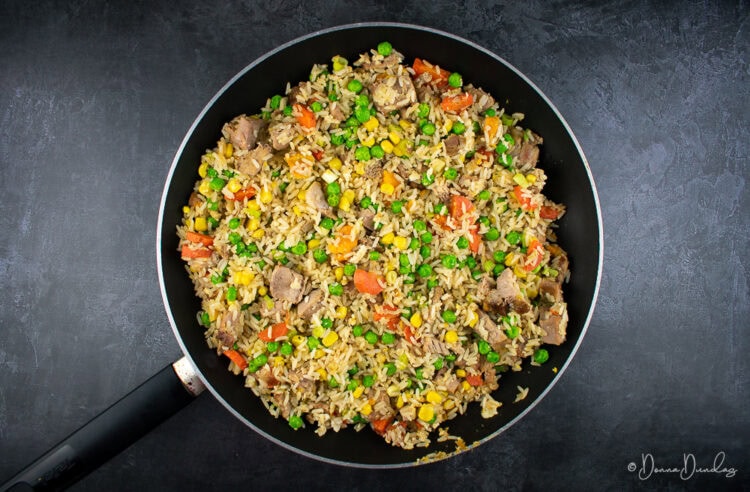 leftover roast pork in frying pan.