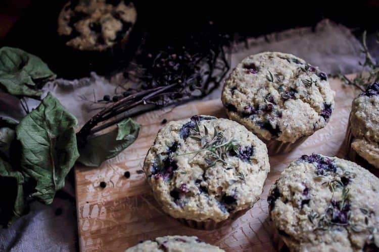 vegan & gluten-free elderberry corn muffins with fresh thyme