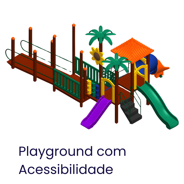 Playground com acessibilidade, estrutura de diversão infantil com escorregador verde, preto, roxo, passarela e área de sombra. Ambiente de lazer acessível para crianças.