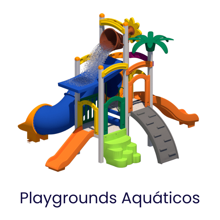 Playground aquático colorido com escorregadores, piscina de água e estrutura de diversão para crianças ao ar livre.
