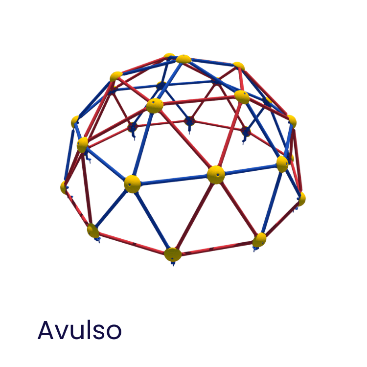 Imagem de estrutura de parque infantil em forma de domo com tubos azuis e vermelhos e conexões amarelas, popular em brinquedos de playground.