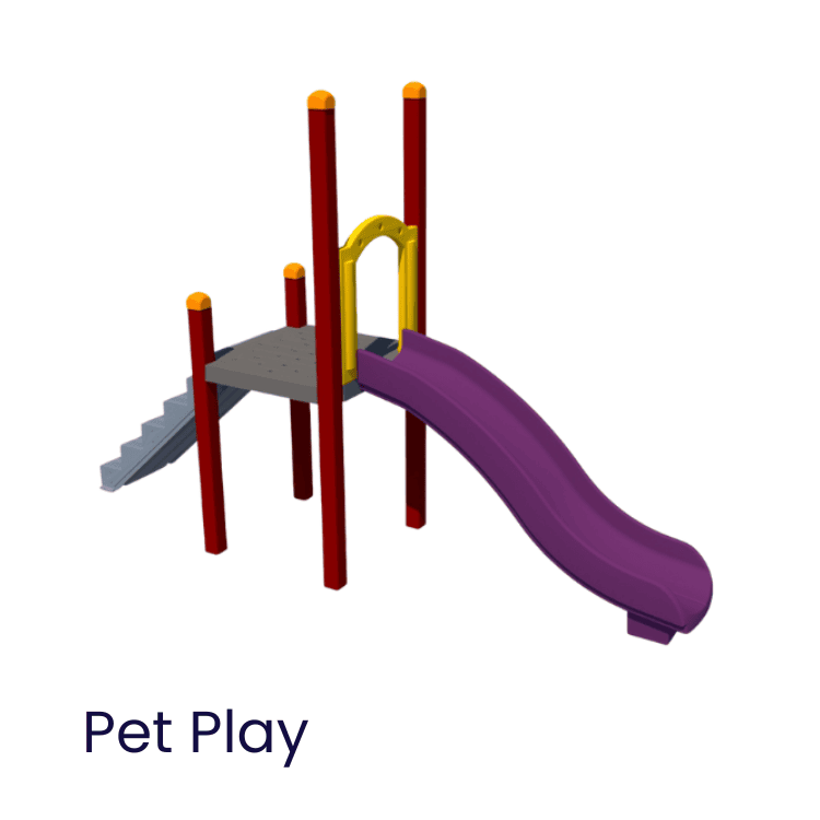 Brinquedo de playground para pets, com escada, plataforma e escorregador roxo, ideal para recreação e diversão de animais domésticos, promovendo exercícios e lazer.