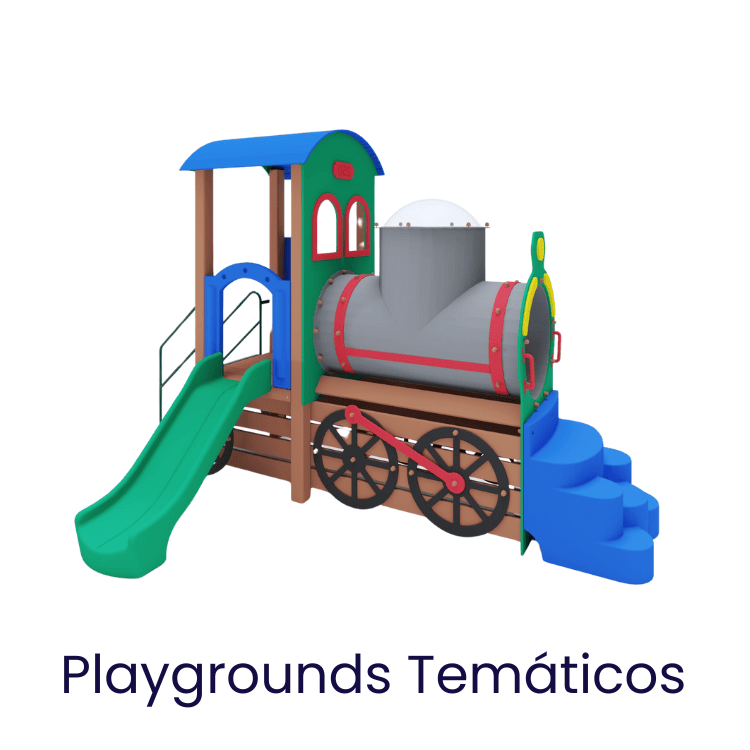 Brinquedo de parque infantil com tema de trem, incluindo escorregador verde, escada azul, estrutura de madeira e detalhes coloridos para crianças.