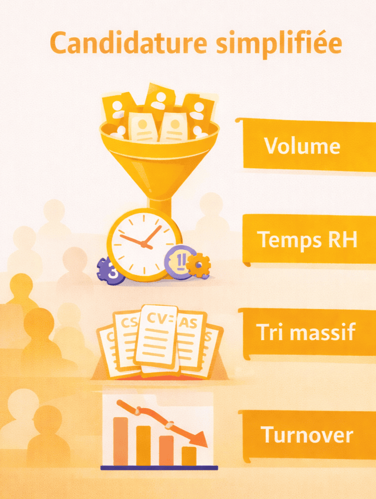 Illustration montrant l’impact business de la candidature simplifiée avec volume élevé, temps RH important et tri massif