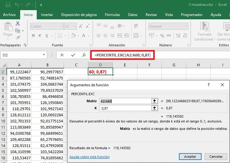 Percentiles en Excel
