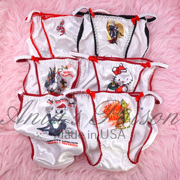 Ania's Sissy Ladies string bikini 6 Piece Lot Satin Sublimation Character Prints shiny wetlook panties sz S