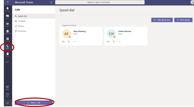 Call section with Teams. Speed dial, Contacts, History, and Voicemail are some of options available.