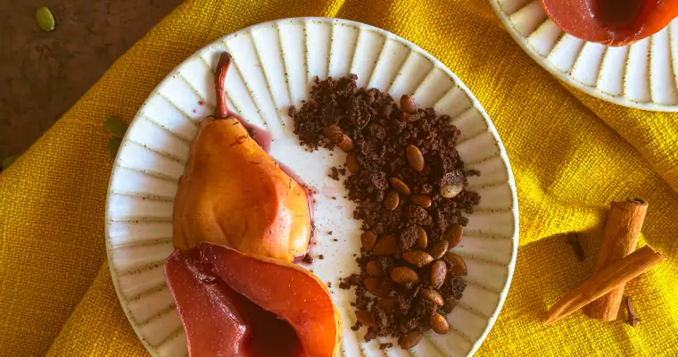 Red Wine Poached Pears with Chocolate Crumble