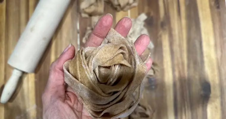 Spelt Tagliatelle Pasta with Kale & Walnut Pesto and Mushroom