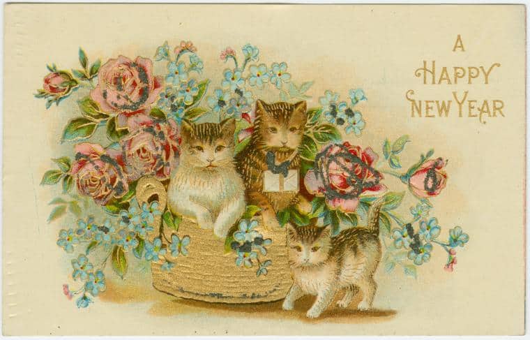A happy New Year vintage postcard featuring four cats with roses. Via: The Miriam and Ira D. Wallach Division of Art, Prints and Photographs: Picture Collection, NYPL.