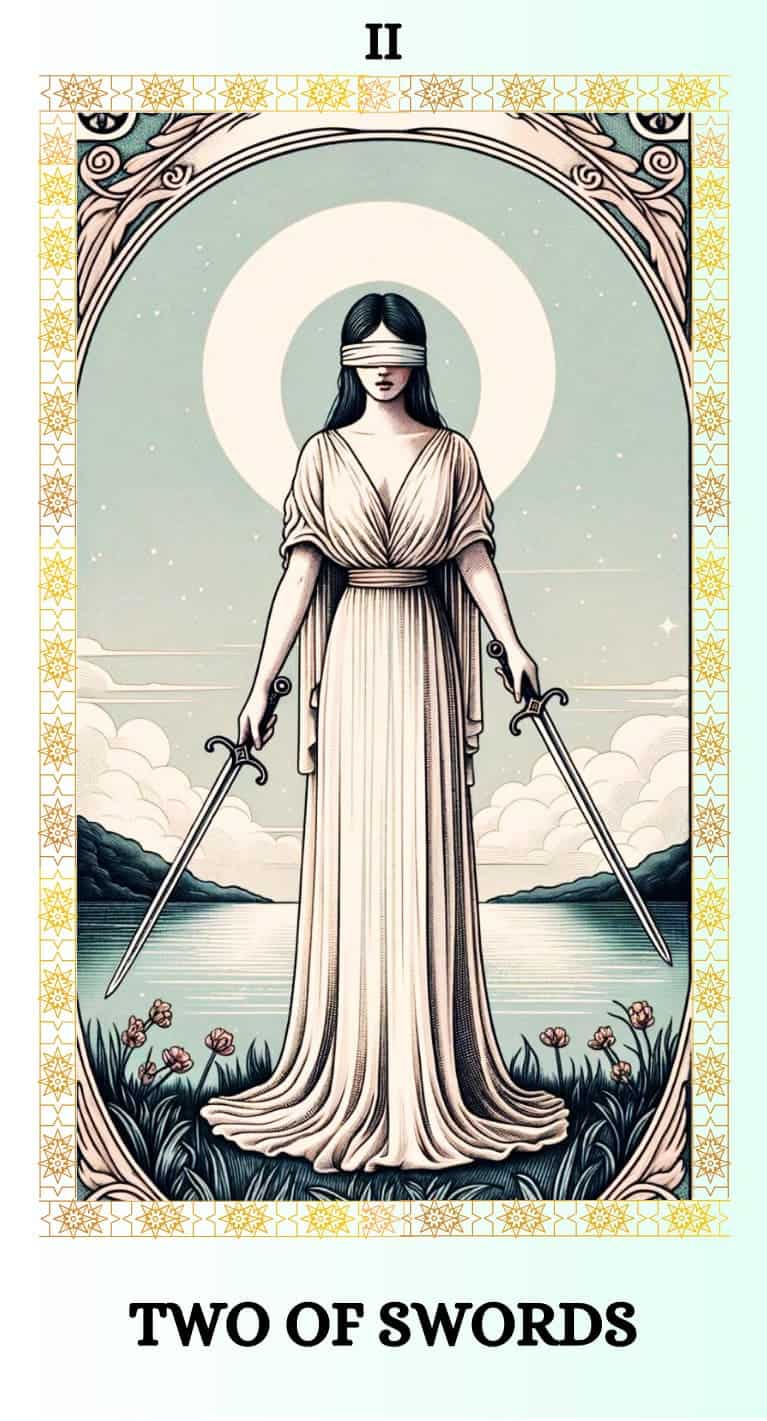 two of swords tarot card with a woman holding two blades
