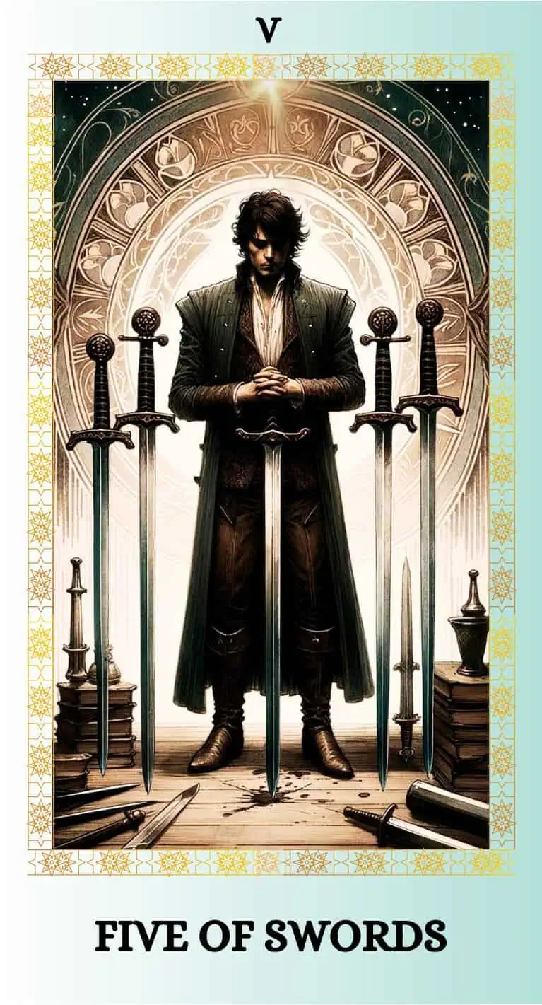 Tarot card illustration depicting the Five of Swords theme. A solemn man stands prominently, holding two swords closely in his embrace, signifying his achievements and mastery. Right before his feet, three distinct swords are laid out on the ground, symbolizing the challenges faced and the sacrifices made. The background features classic tarot card motifs with a touch of mysticism, adding depth to the narrative. The man's demeanor is reflective, contemplating the balance of his triumphs and the price paid.