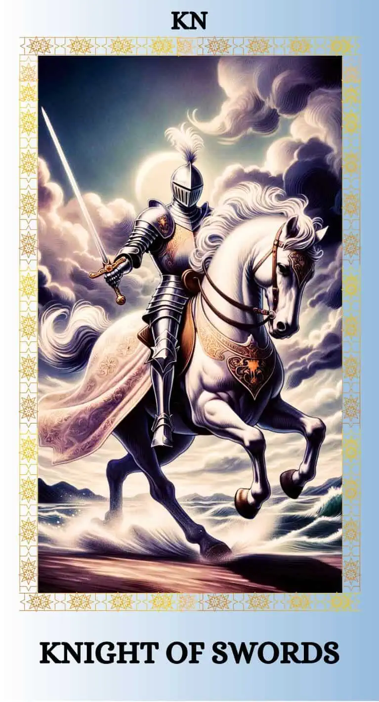 knights of swords tarot card in upright position, with his horse's harness