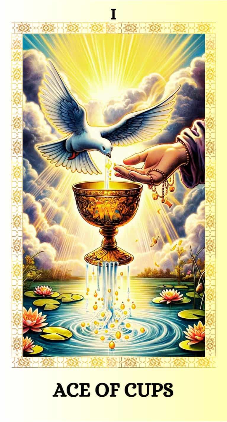 upright ace of cups tarot card appears with water overflowing a cup