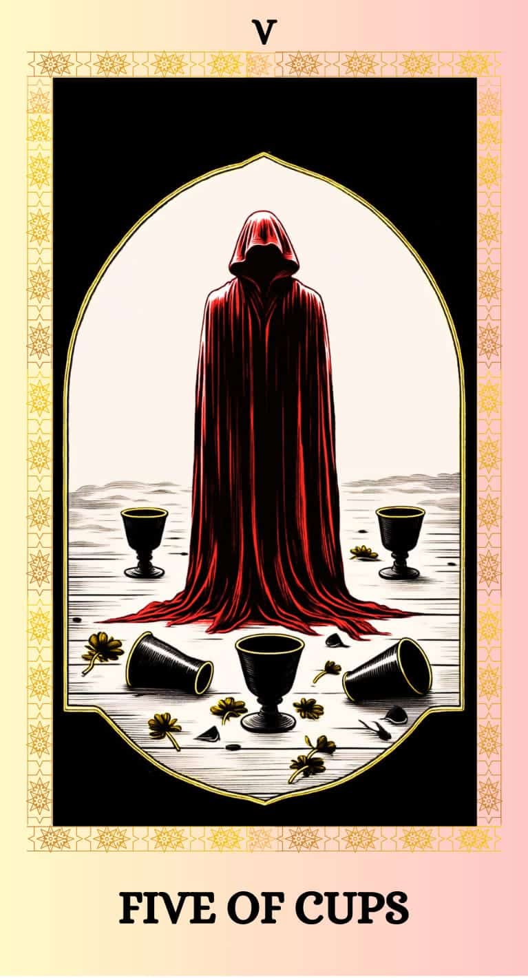 An illustration of the Five of Cups tarot card, showcasing a figure in a black cloak seen from behind, symbolizing self-pity and loss. In front of them, three cups are depicted as overturned, representing disappointments or missed opportunities. Behind the figure, subtly positioned on the ground, are two upright cups, signifying unseen potential and hope amidst despair. The minimalistic setting highlights the theme of sorrow, yet suggests the presence of unacknowledged possibilities.
