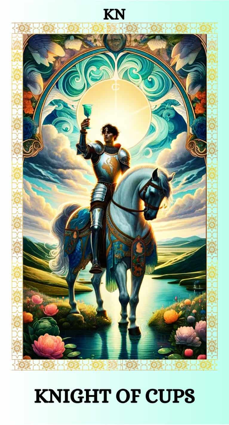 knight of cups card, knight riding a white horse, the knight wears shining armor,the knight's helmet is depicted with feathers