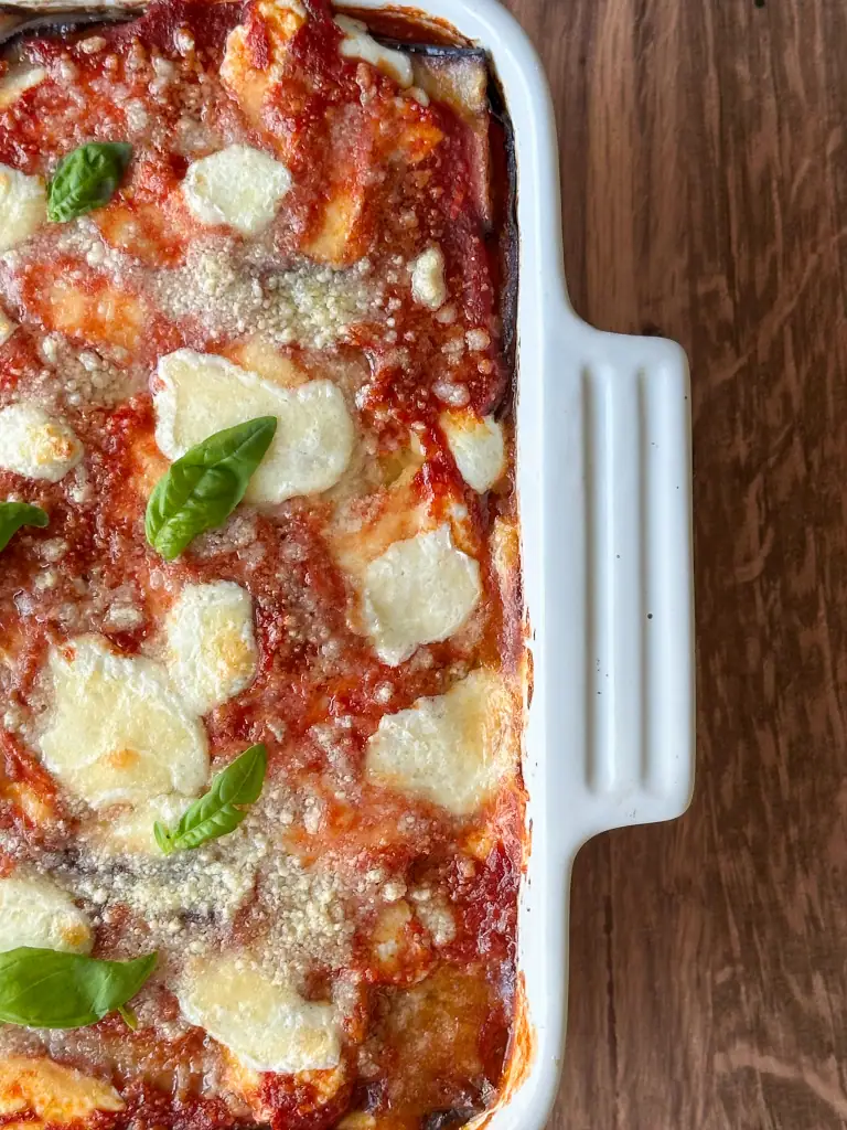 Close up of Eggplant Parmesan casserole