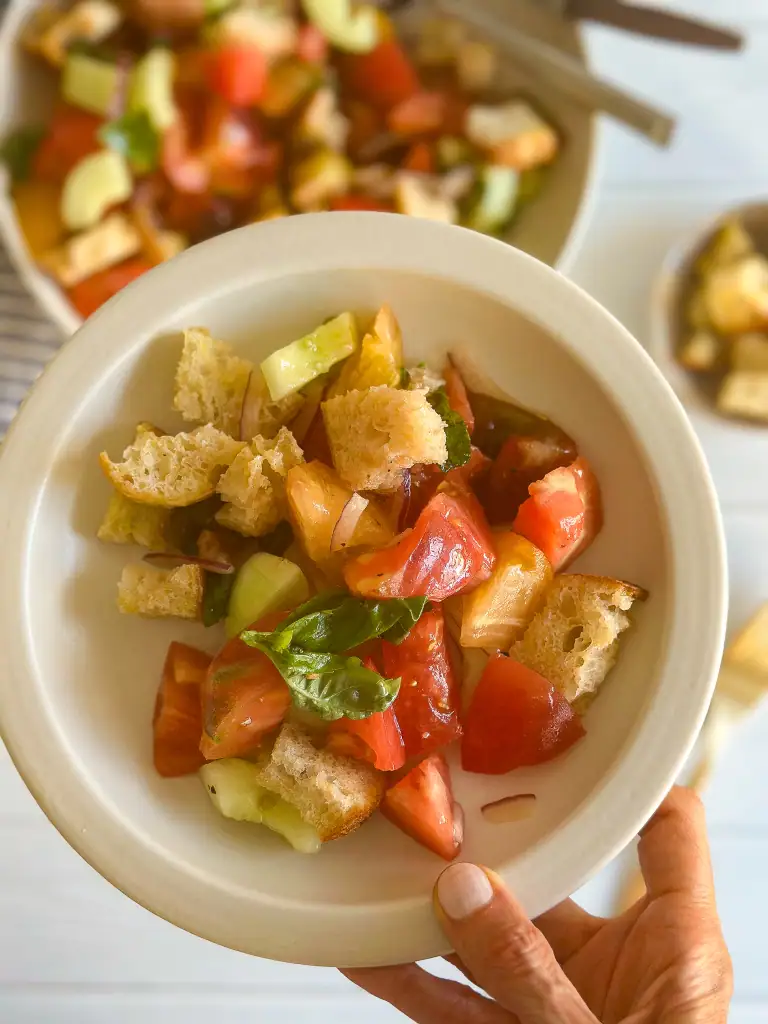 Panzanella Salad in a white plate