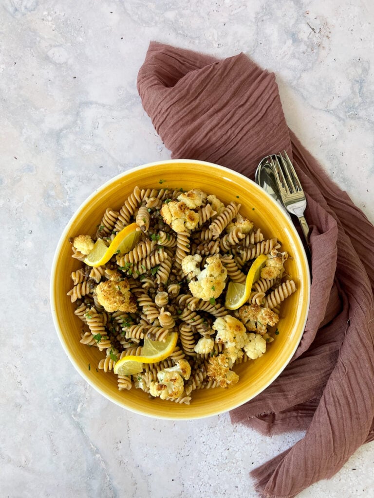 Lentil cauliflower pasta: winter pasta sauce with legumes.