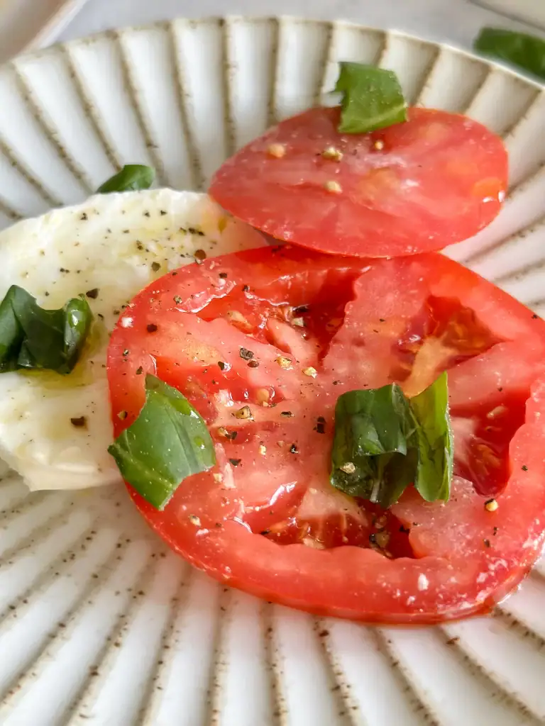 close up view of caprese salad serving