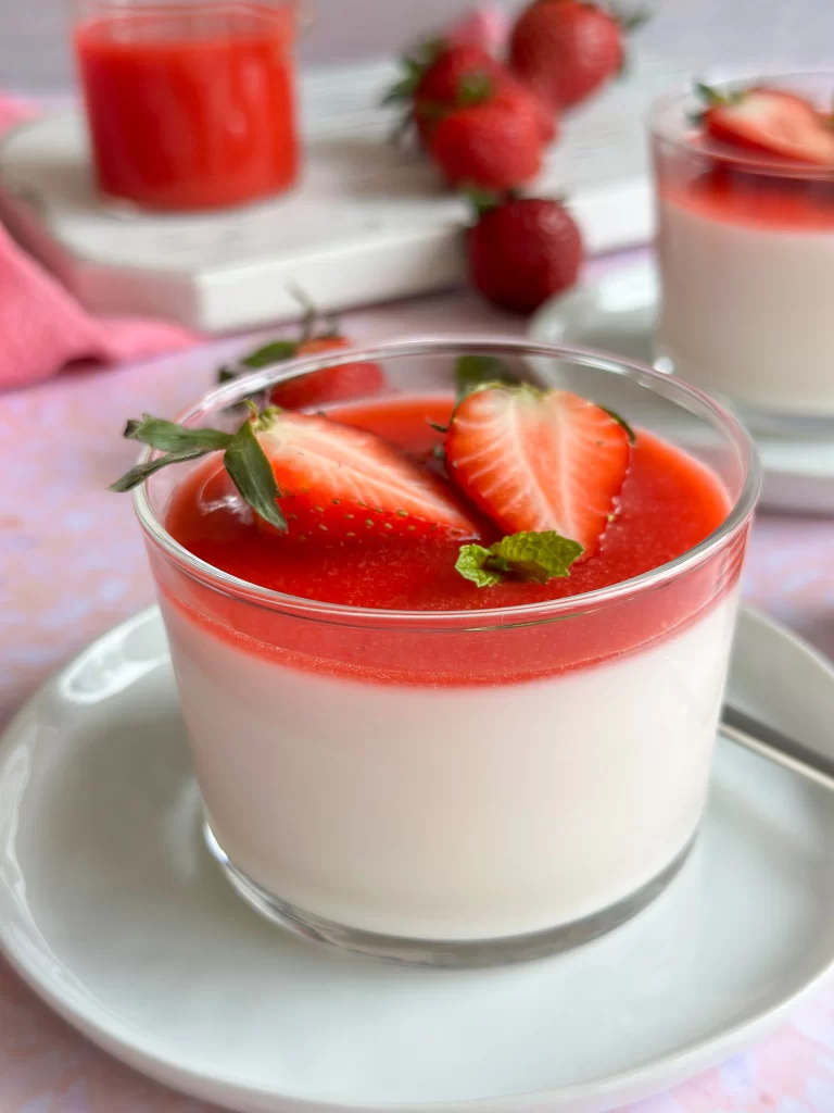 Kefir Panna Cotta with Strawberries served in a glass cup