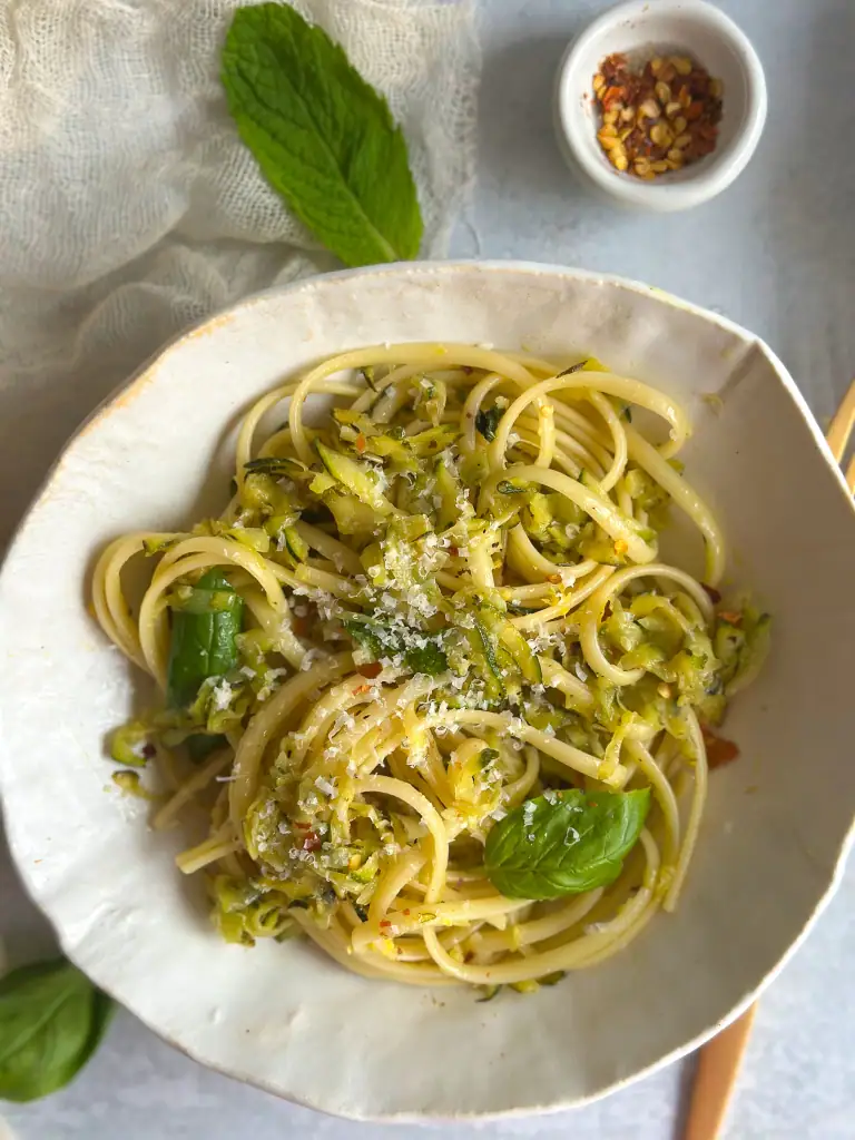 Zucchini Pasta recipe in a white plate