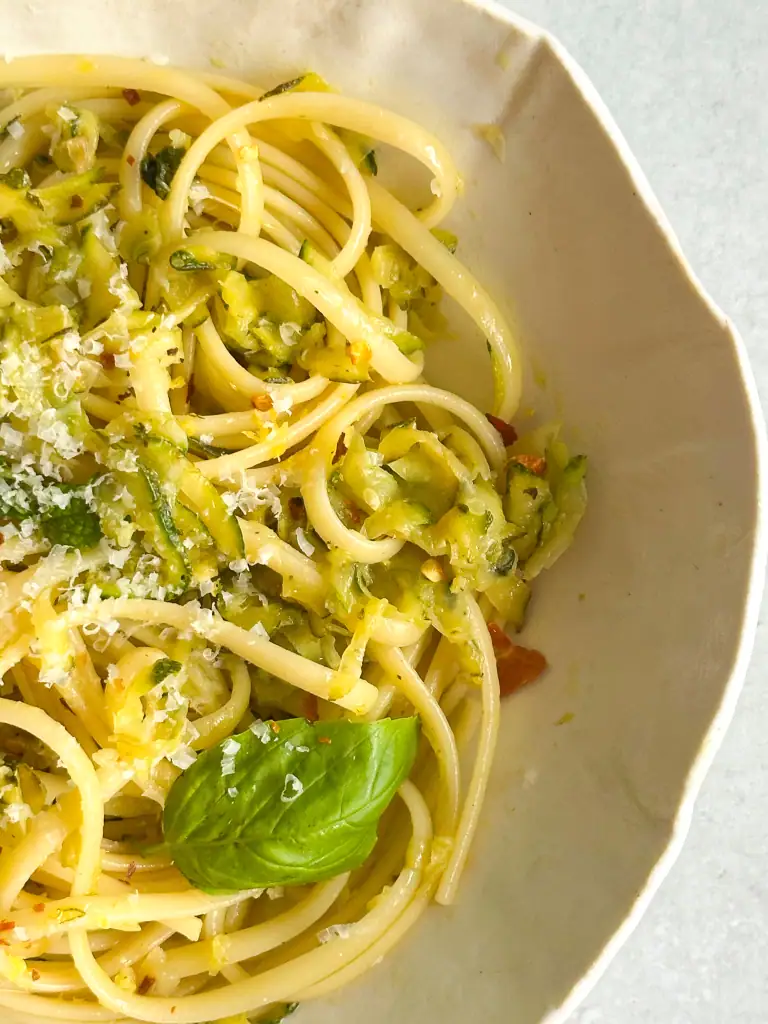 Close up of a plate of zucchini pasta recipe