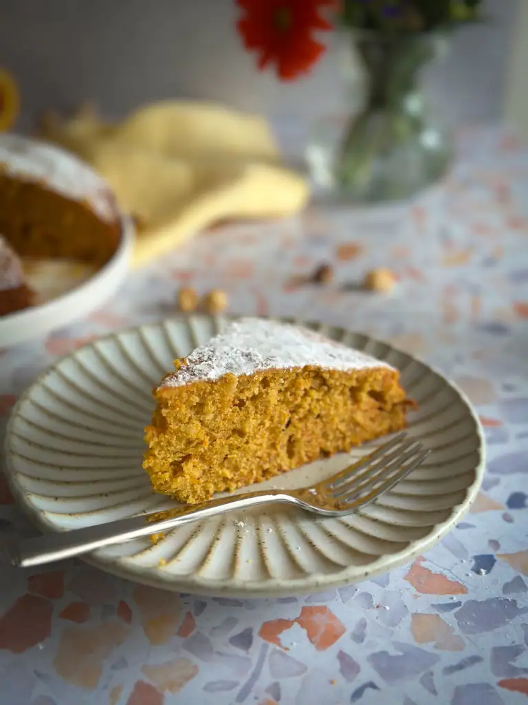 Slice of carrot olive oil cake