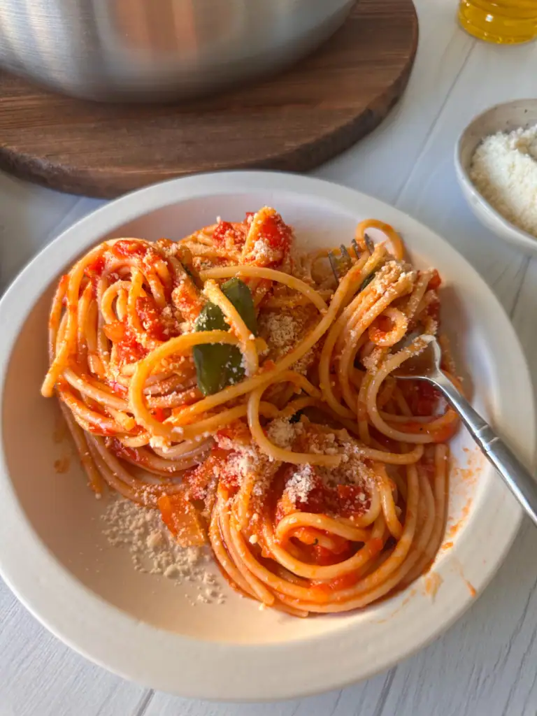 close up of a bowl of soaghetti in tomato sauce (sugo al pomodoro)