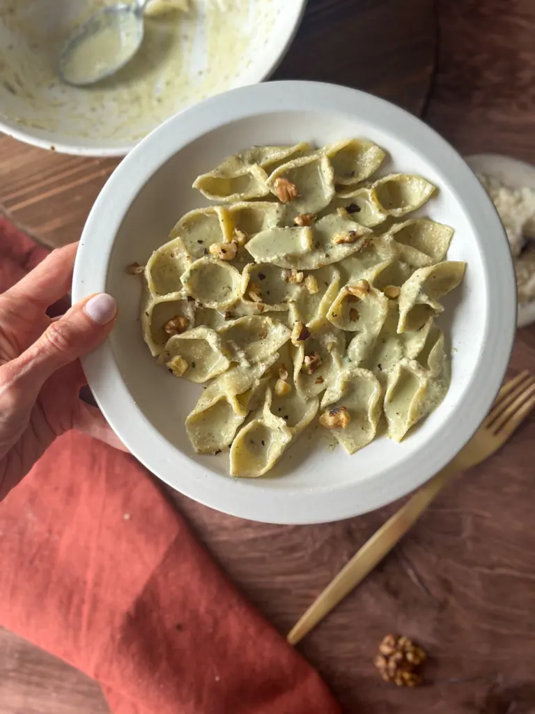 Barchette pasta in creamy walnut sauce