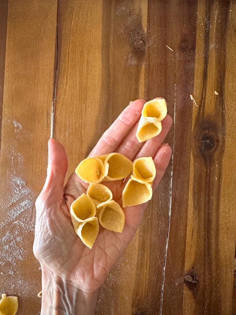 Homemade barchette pasta in hand