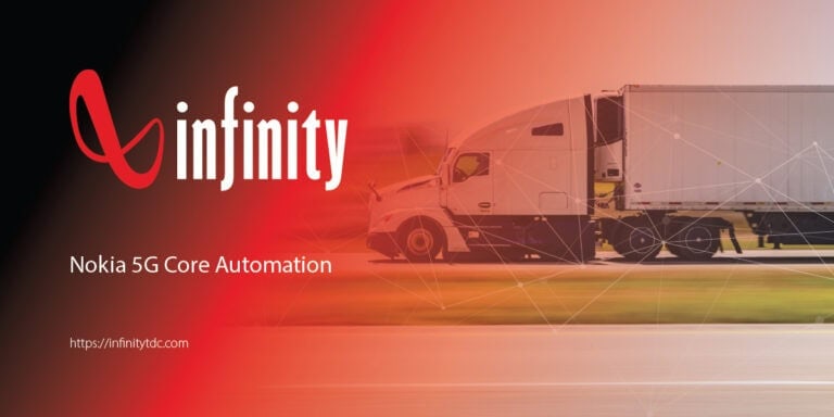 A semi-truck driving on a highway using 5G core automation to adapt to business needs, traffic conditions, and service priorities in real time.