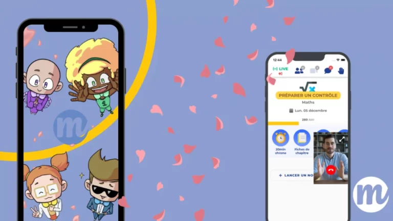 Interface mobile d'une application d'aide aux devoirs pour collégiens, affichant un appel vidéo avec un tuteur et des outils comme "fiches de chapitre" et "20min chrono" pour préparer un contrôle de maths. À gauche, quatre personnages ludiques représentant les champions de l’aide aux devoirs apparaissent sur un autre écran de téléphone. Fond coloré avec des pétales roses animant la scène. Logo “m” en bas à droite, symbole de la plateforme d’aide aux devoirs interactive.