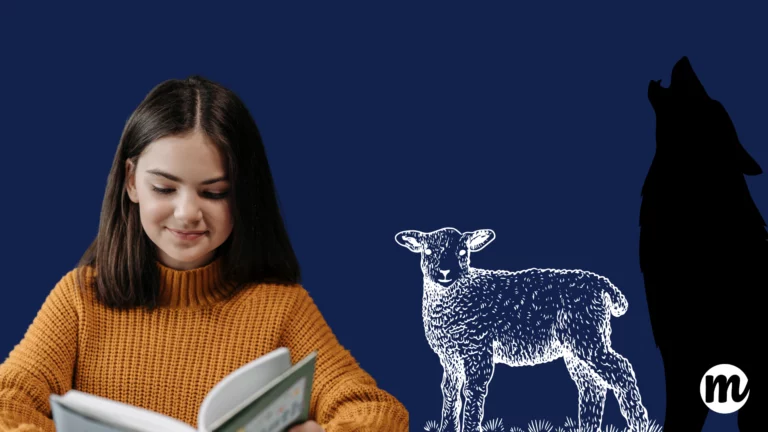 Illustration mettant en scène une jeune élève concentrée sur la lecture d’un livre, à côté d’une représentation graphique de l’agneau et de la silhouette du loup de la fable Le Loup et l’Agneau. Cette image évoque le plaisir d’apprendre à lire, tout en illustrant une histoire courte à lire issue des fables de La Fontaine, parfaite pour initier les collégiens aux figures de styles exemples comme l’allégorie, l’antithèse ou la gradation. Idéale pour accompagner un contenu pédagogique sur la compréhension des classiques littéraires.