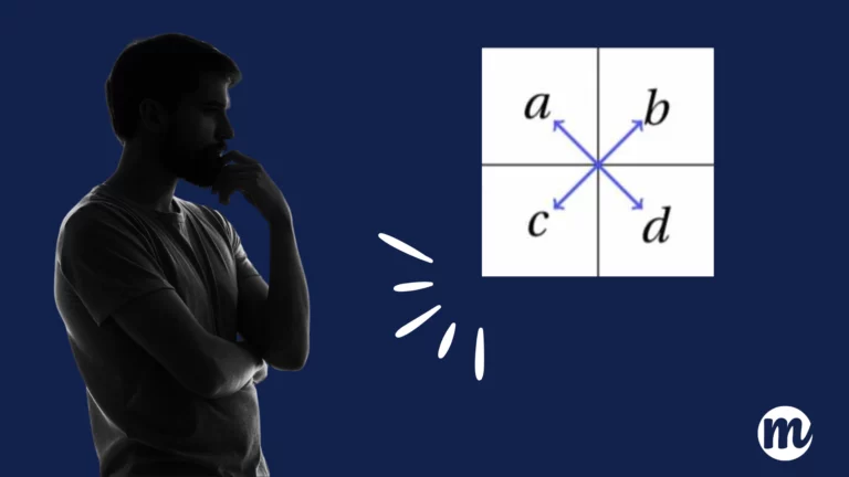 Illustration d’un homme pensif regardant un schéma mathématique de produit en croix avec les lettres a, b, c, d en croix, représentant un calcul produit en croix. Cette image évoque l’apprentissage visuel pour calculer un produit en croix, comprendre la méthode du produit en croix en ligne ou s’exercer avec des exercices produit en croix accessibles aux collégiens.