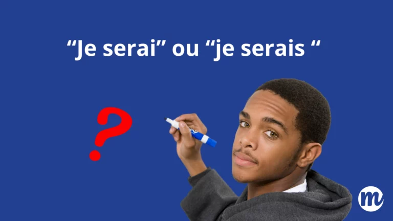 Image d’un adolescent tenant un marqueur avec un point d’interrogation rouge sur fond bleu. Le texte “Je serai ou je serais” s’affiche en haut. Illustration d’un exercice d’orthographe défi pour apprendre la différence entre “je serai” et “je serais”, avec corrigé exercice français, test orthographe interactif et fiche de révision pour aider les collégiens et lycéens à progresser.