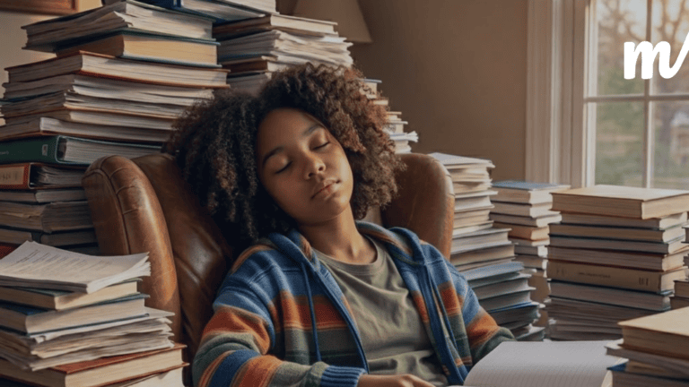 Adolescent fatigué après la reprise scolaire post-vacances, entouré de piles de livres, illustrant les difficultés de motivation ado pour les révisions et l’importance du sommeil et de la performance scolaire pour comprendre comment réviser après les vacances et préparer le brevet en 7 semaines dans de bonnes conditions.