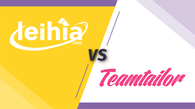 Comparatif visuel entre Leihia Talent Acquisition Suite et Teamtailor, deux logiciels de recrutement (ATS). Le visuel met en évidence les différences majeures en matière d’expérience candidat, d’intelligence artificielle, d’onboarding et de personnalisation du recrutement.