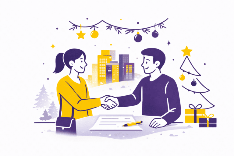 Illustration minimaliste aux couleurs jaune et violet Leihia représentant un partenariat professionnel entre entreprises dans une ambiance de Noël, symbole de confiance et de collaboration BtoB.