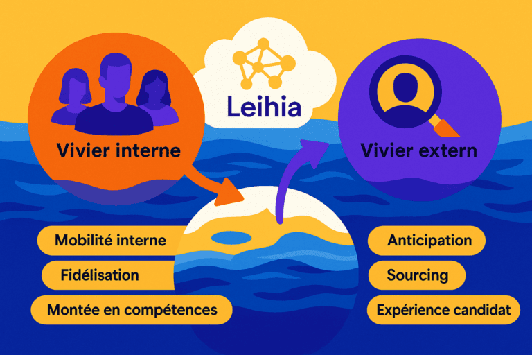 Illustration colorée représentant la gestion croisée des viviers de talents interne et externe à travers le logiciel de recrutement Leihia Talent Acquisition Suite, symbolisée par deux cercles reliés et un flux de données dynamique.