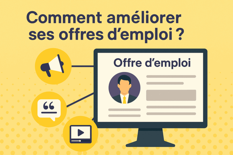 Illustration numérique représentant une offre d’emploi optimisée avec texte, vidéo et témoignages, symbolisant la modernisation du recrutement avec Leihia.