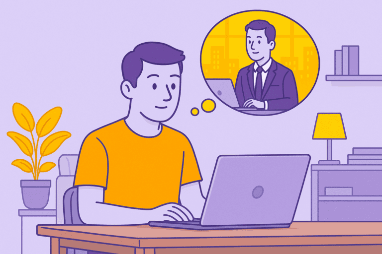 Illustration d’un collaborateur en télétravail devant son ordinateur, imaginant sa présence en entreprise, dans un style flat design avec les couleurs violet et jaune Leihia.