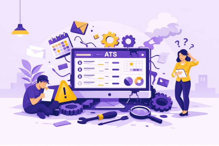 Illustration d’un ATS en panne qui se démonte, symbole d’un logiciel de recrutement devenu obsolète