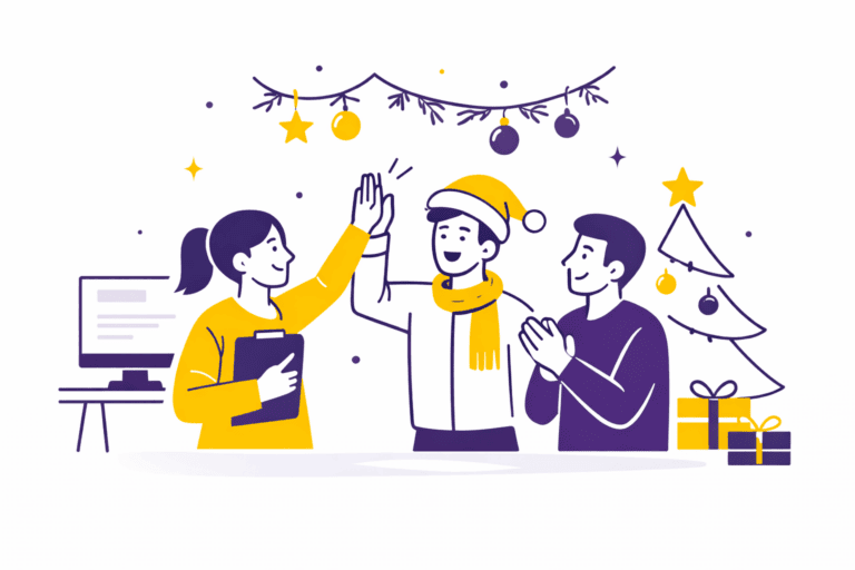 Illustration minimaliste aux couleurs jaune et violet Leihia représentant des collaborateurs célébrant Noël ensemble dans un esprit d’équipe et de collaboration.