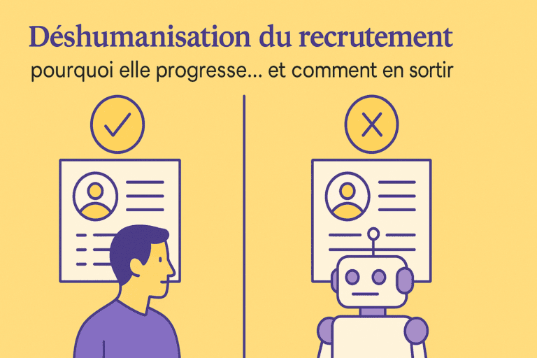 Déshumanisation du recrutement illustrée par l’opposition entre un processus automatisé et un recrutement recentré sur l’humain grâce à un logiciel de recrutement nouvelle génération.