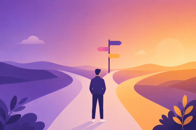 Illustration en flat design d’un candidat face à plusieurs chemins symbolisant des choix de trajectoire professionnelle et de carrière.